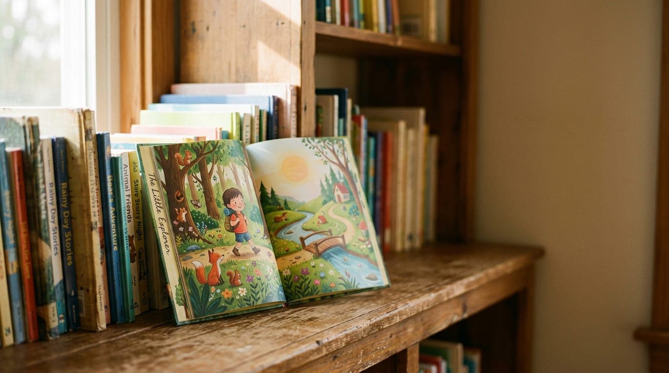 An open picture book with colorful illustrations sits on a wooden shelf next to other children's books, lit by soft natural daylight.
